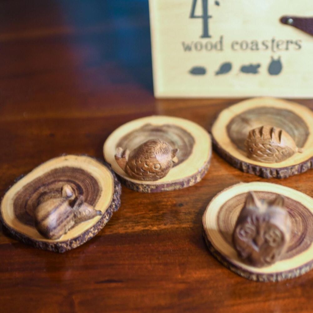 Anthropologie Wood Coaster Set of 4: Carved Woodland Animals